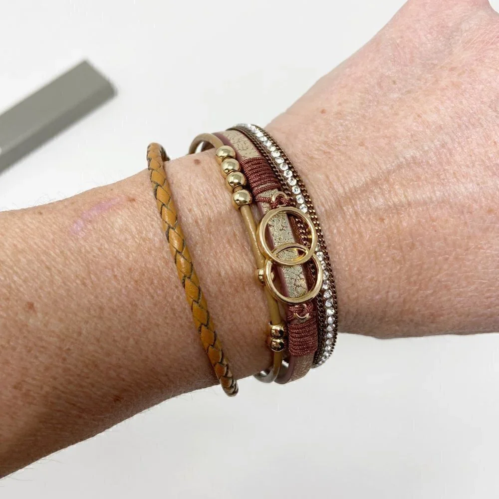 BTYSUN | Brown Leather Gold Tone Beaded Wrap Bracelet Magnetic Closure